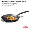 imageOXO Obsidian PreSeasoned Carbon Steel 12quot Frying Pan Skillet with Holes for Grilling with Removable Silicone Handle Holder Induction Oven Safe Black12 Outdoor Skillet