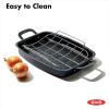 imageOXO Obsidian PreSeasoned Carbon Steel 15quot x 105quot Roasting Pan with Stainless Steel Roaster Rack Induction Black