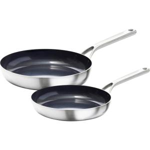 imageOXO Mira TriPly Stainless Steel Cookware 8quot and 10quot Frying Pan Skillet Set Ceramic Nonstick Interior Induction Multi Clad PFASFree Metal and Utensil Safe Dishwasher and Oven Safe8 and 10 Nonstick Ceramic Frying Pan Set