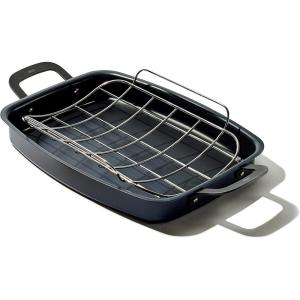 imageOXO Obsidian PreSeasoned Carbon Steel 15quot x 105quot Roasting Pan with Stainless Steel Roaster Rack Induction Black